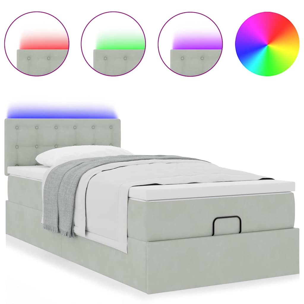 Lit ottoman avec matelas et LED gris clair 90x200 cm velours