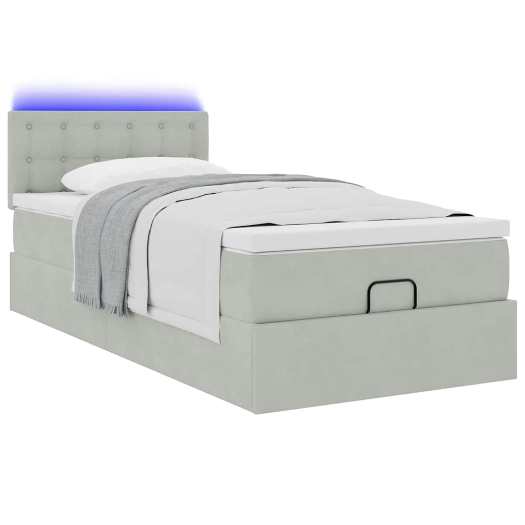 Lit ottoman avec matelas et LED gris clair 90x200 cm velours