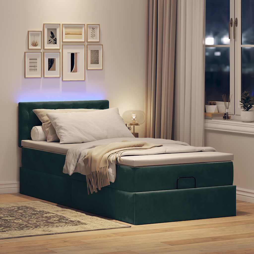 Lit ottoman avec matelas et LED vert foncé 90x200 cm velours