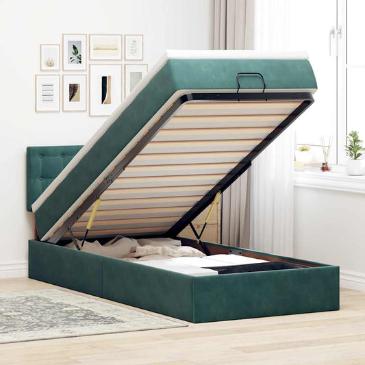 Lit ottoman avec matelas et LED vert foncé 90x200 cm velours