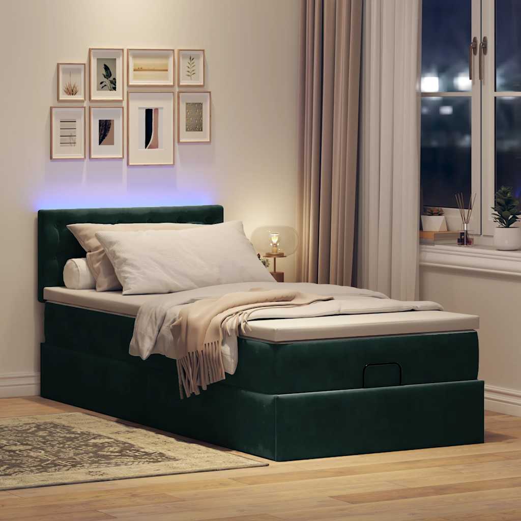 Ottoman-Bett mit Matratze & LEDs Dunkelgrün 100x200 cm Samt