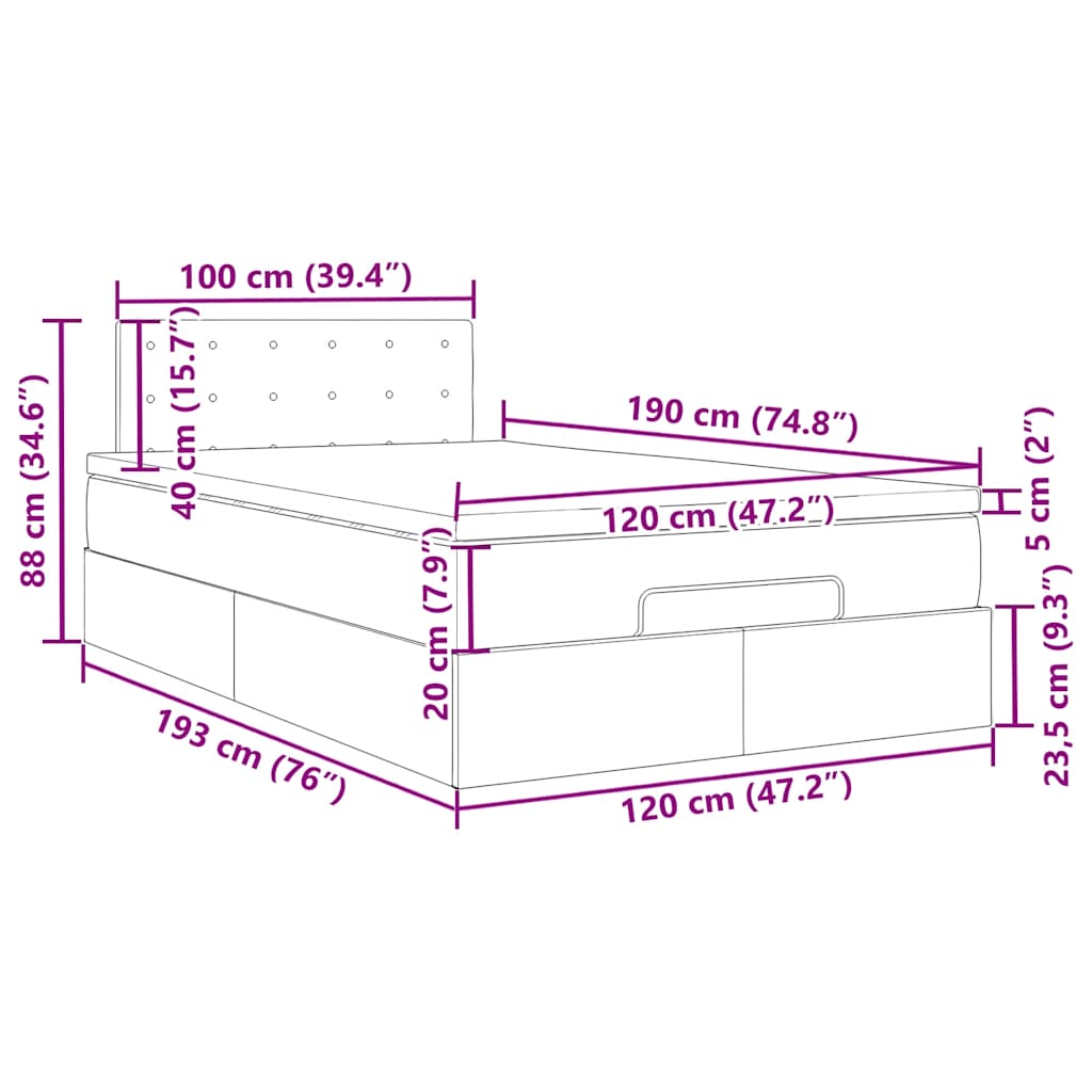 Ottomane Bett mit Matratze & LEDs Schwarz 120x190 cm Samt