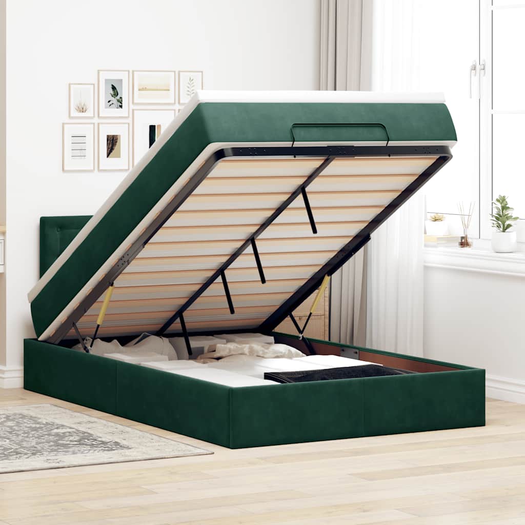 Ottoman-Bett mit Matratze & LEDs Dunkelgrün 120x200 cm Samt