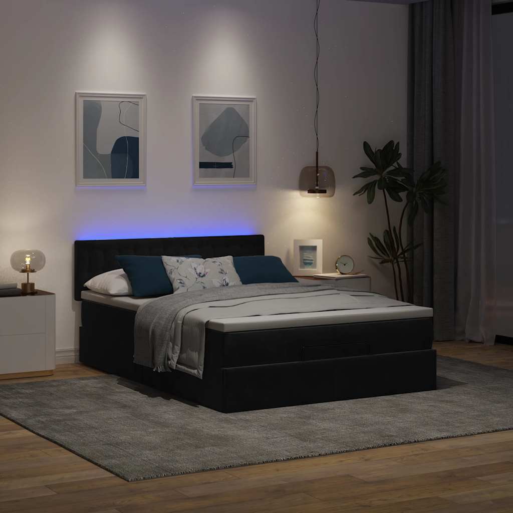 Ottoman-Bett mit Matratze & LEDs Schwarz 140x190 cm Samt