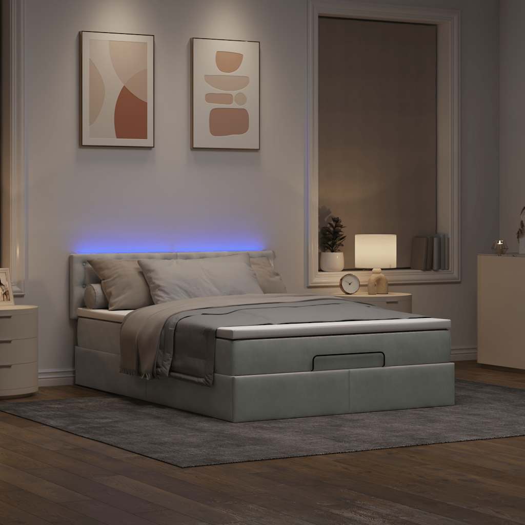 Lit ottoman avec matelas et LED gris clair 140x200 cm velours