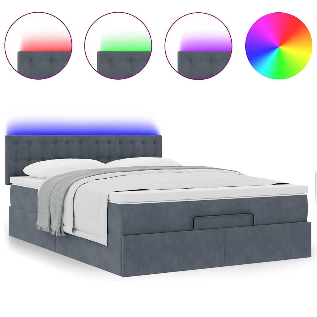 Lit ottoman avec matelas et LED gris foncé 140x200 cm velours