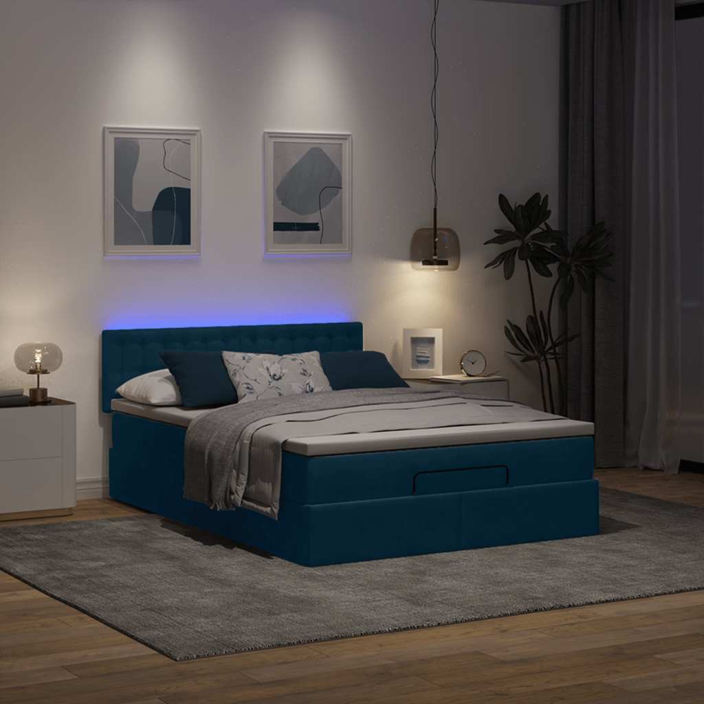 Ottoman-Bett mit Matratze & LEDs Dunkelblau 140x200 cm Samt