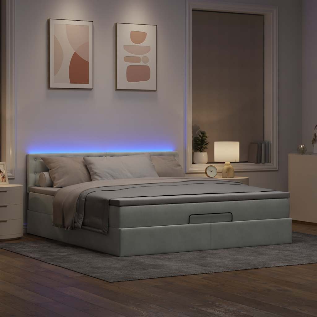 Ottoman-Bett mit Matratze & LEDs Hellgrau 180x200 cm Samt