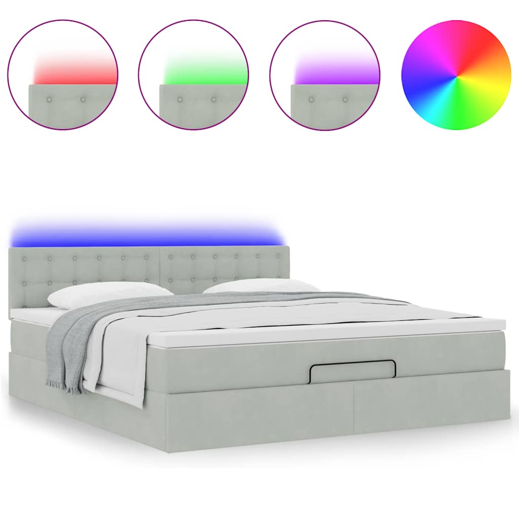 Ottoman-Bett mit Matratze & LEDs Hellgrau 180x200 cm Samt