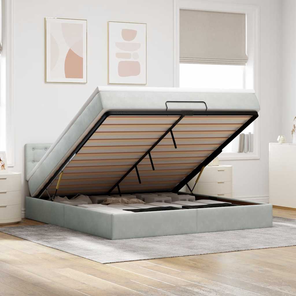Ottoman-Bett mit Matratze & LEDs Hellgrau 180x200 cm Samt