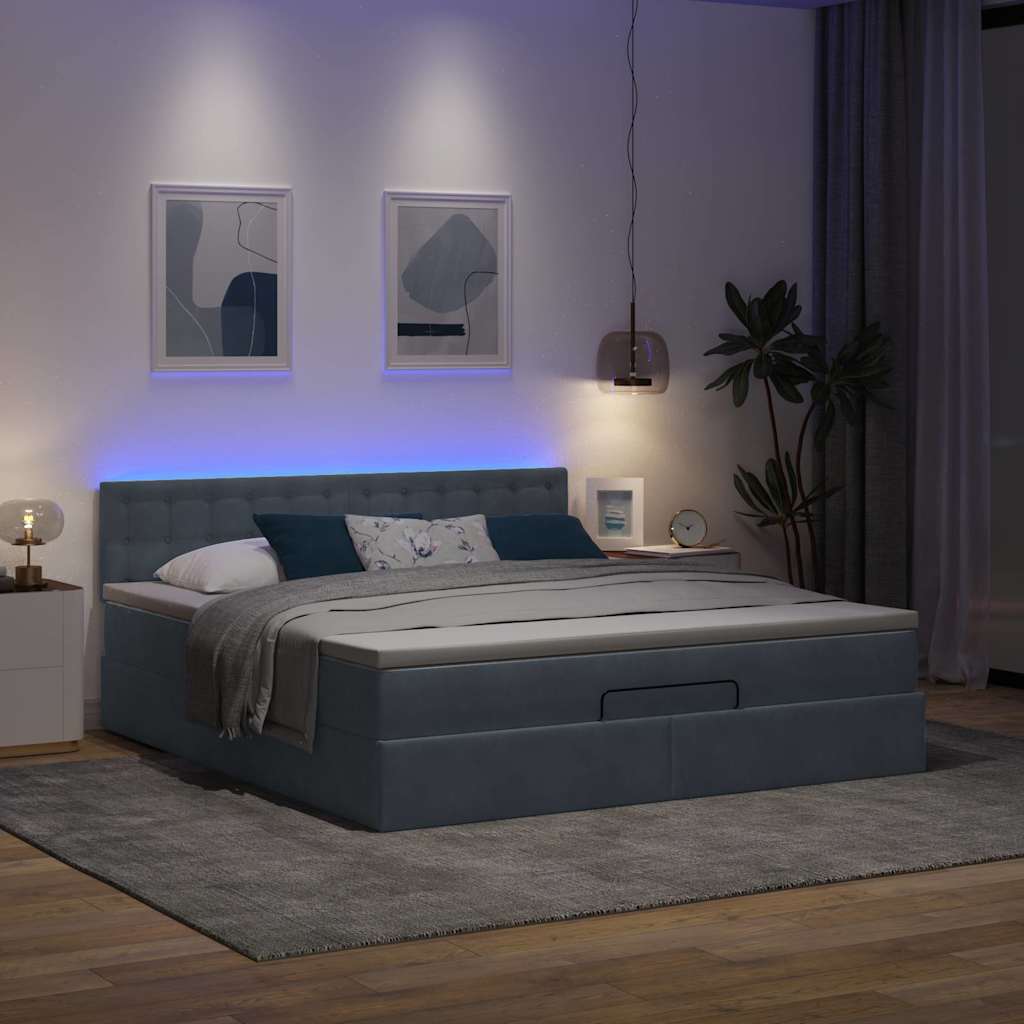 Lit ottoman avec matelas et LED gris foncé 180x200 cm velours