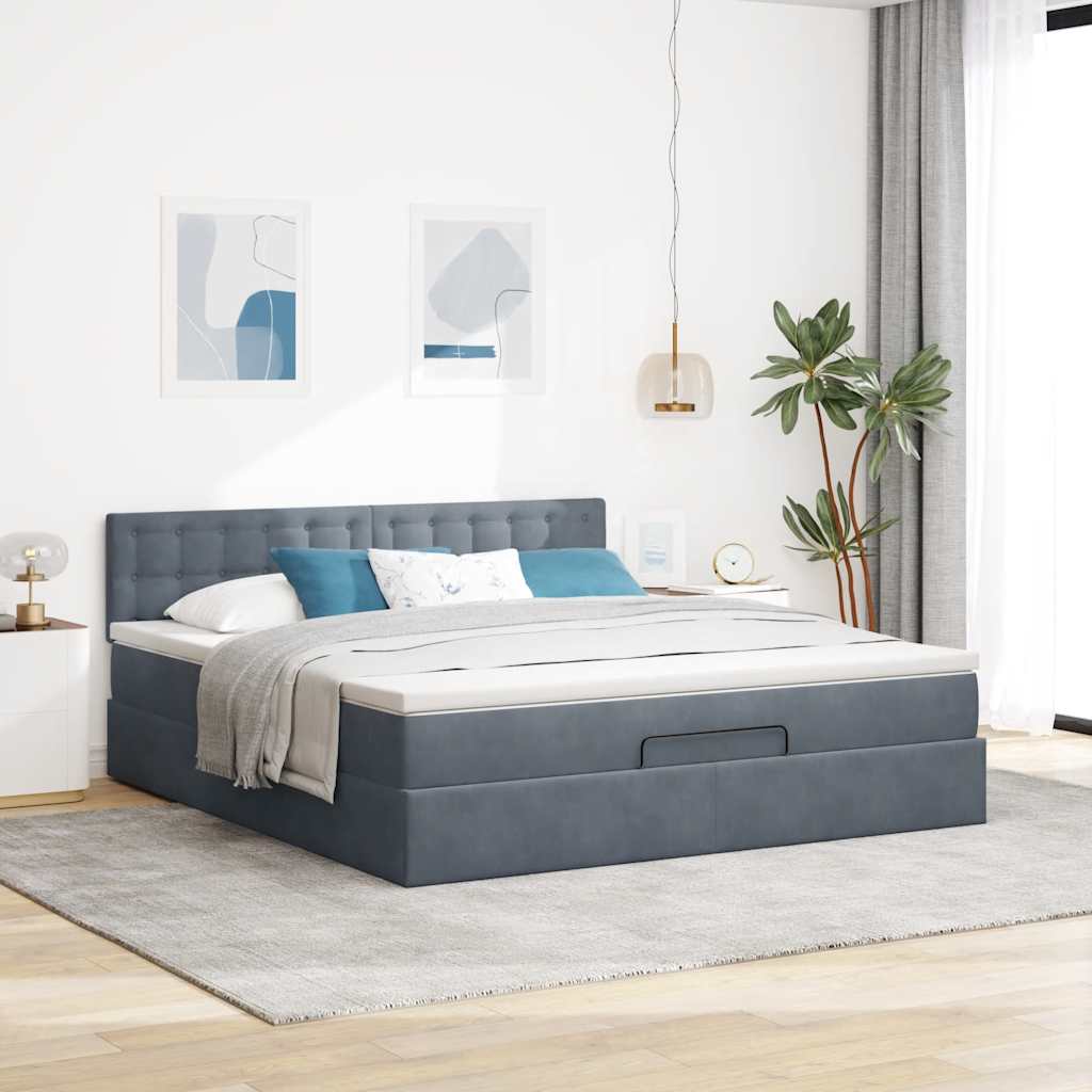 Lit ottoman avec matelas et LED gris foncé 180x200 cm velours