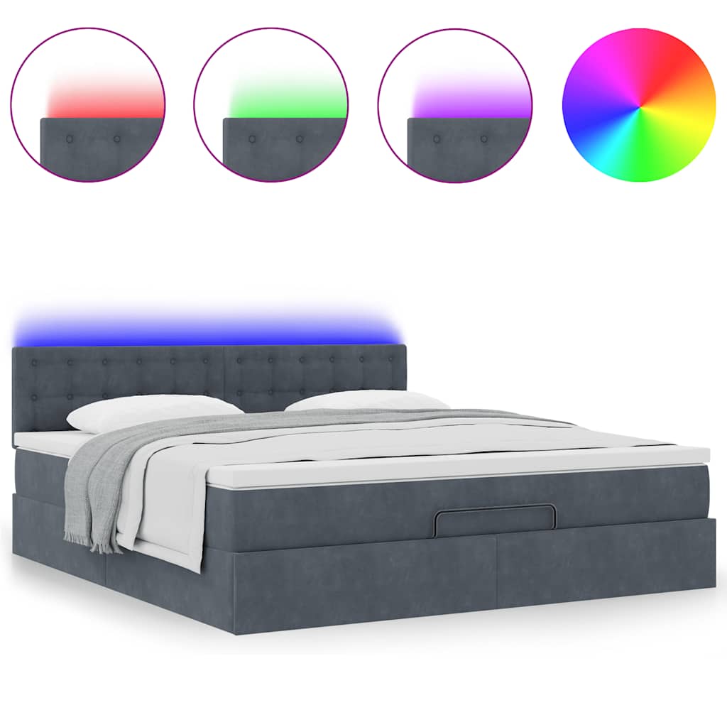 Lit ottoman avec matelas et LED gris foncé 180x200 cm velours