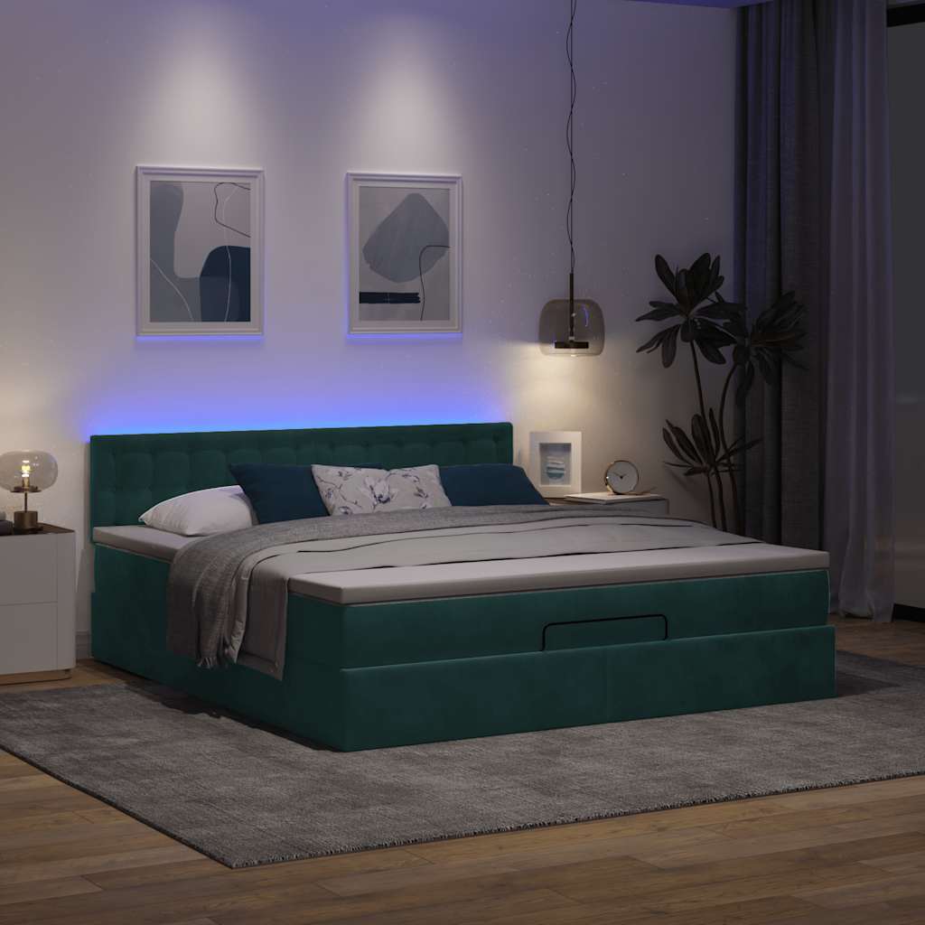 Lit ottoman avec matelas et LED vert foncé 180x200 cm velours