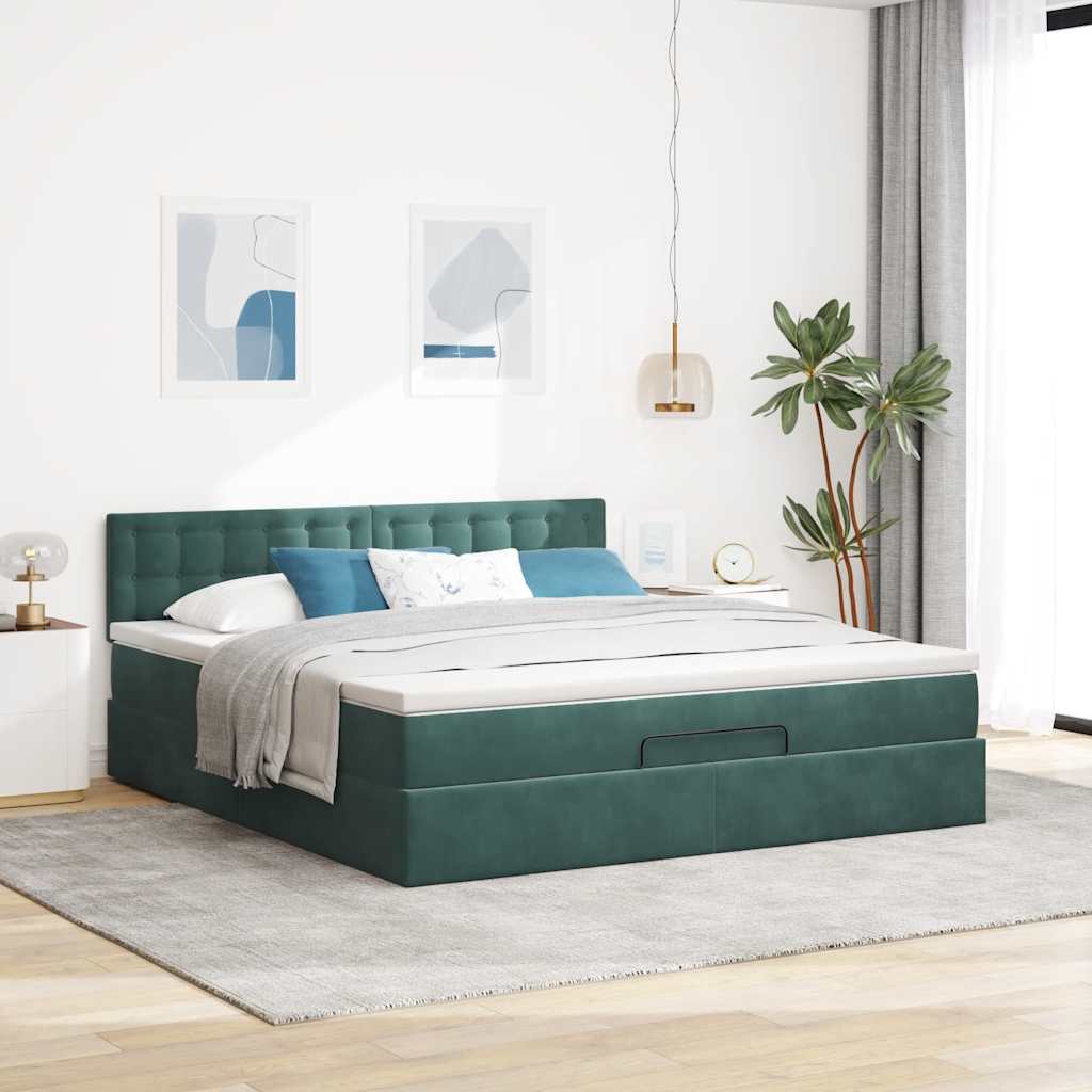 Lit ottoman avec matelas et LED vert foncé 180x200 cm velours