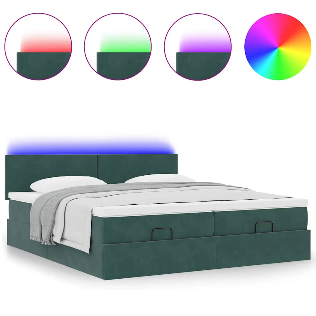 Lit ottoman avec matelas et LED vert foncé 180x200 cm velours