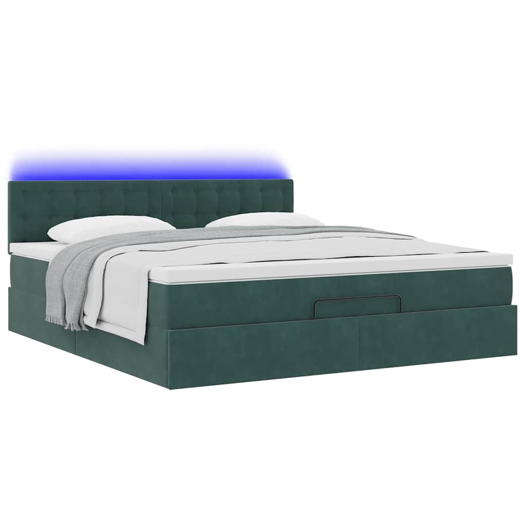 Lit ottoman avec matelas et LED vert foncé 180x200 cm velours