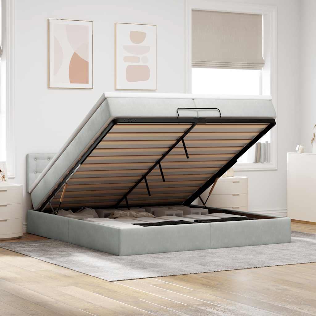 Ottoman-Bett mit Matratzen & LEDs Hellgrau 200x200 cm Samt
