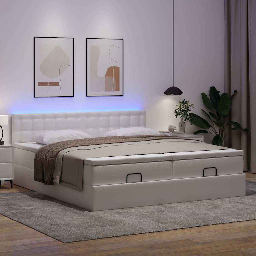 Ottoman-Bett mit Matratzen & LEDs Weiß 180x200 cm Kunstleder