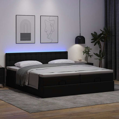 Ottoman-Bett mit Matratzen & LEDs Schwarz 200x200 cm Kunstleder