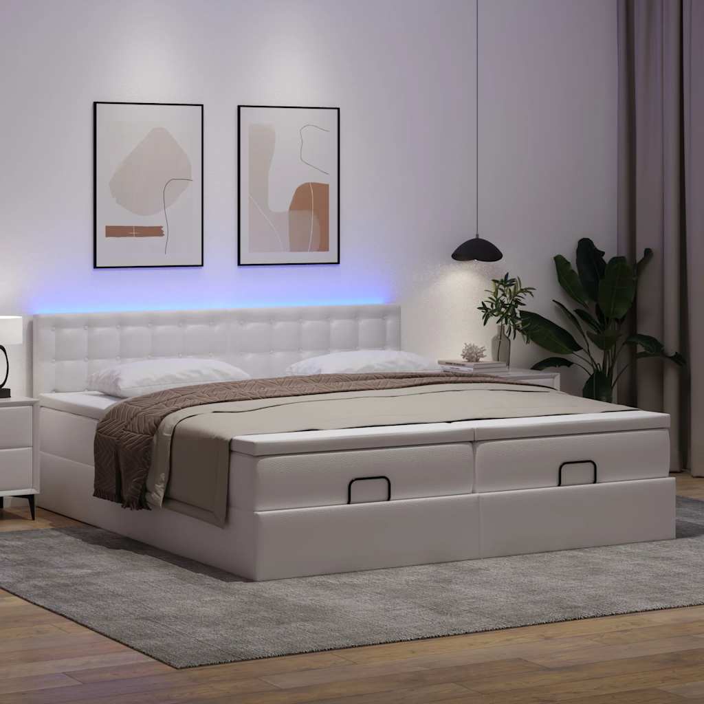 Ottoman-Bett mit Matratzen & LEDs Weiß 200x200 cm Kunstleder