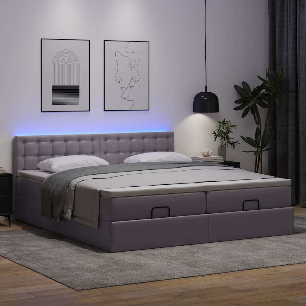 Ottoman-Bett mit Matratzen & LEDs Grau 200x200 cm Kunstleder