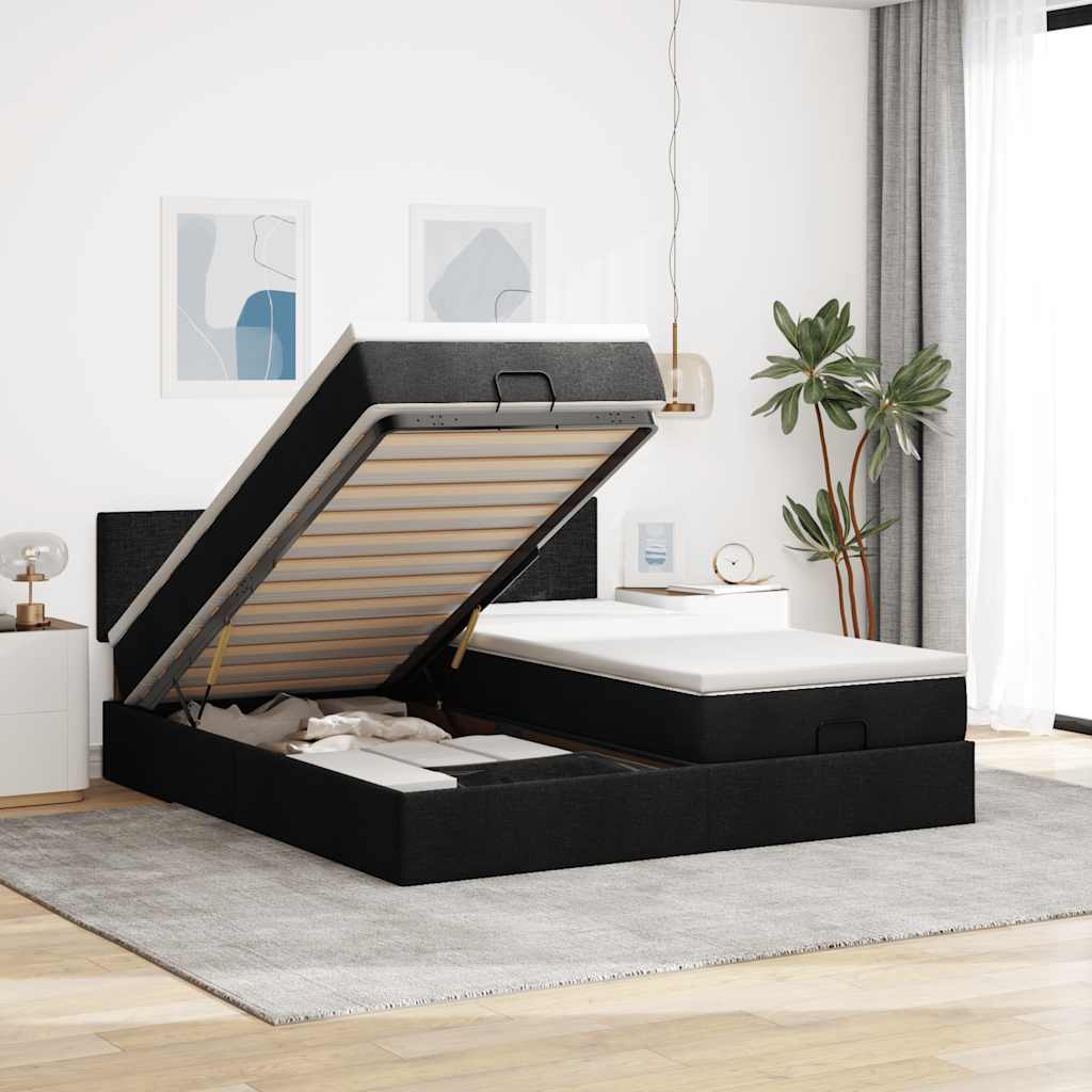 Ottoman-Bett mit Matratzen & LEDs Schwarz 160x200 cm Stoff