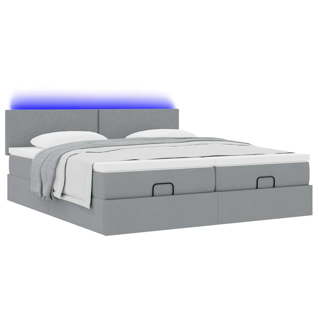 Ottoman-Bett mit Matratzen & LEDs Hellgrau 200x200 cm Stoff