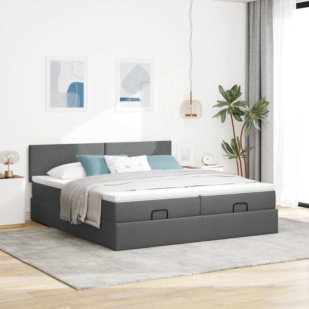 Lit ottoman avec matelas et LED tissu gris foncé 200x200 cm