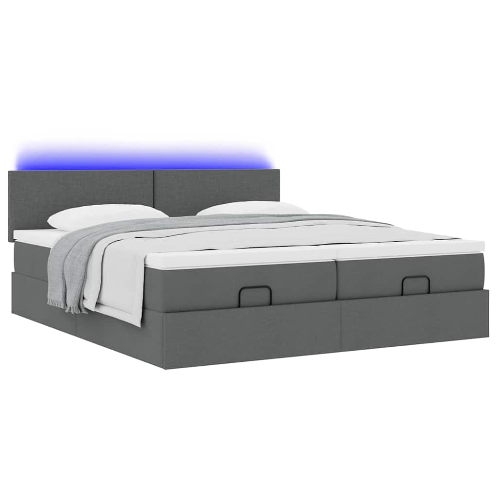 Lit ottoman avec matelas et LED tissu gris foncé 200x200 cm