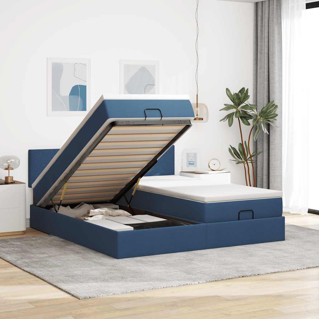 Ottoman-Bett mit Matratzen & LEDs Blau 200x200 cm Stoff