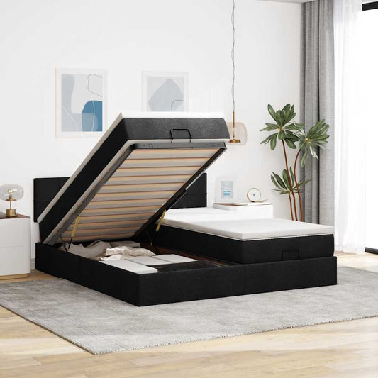 Lit ottoman avec matelas et LED Tissu noir 180x200 cm