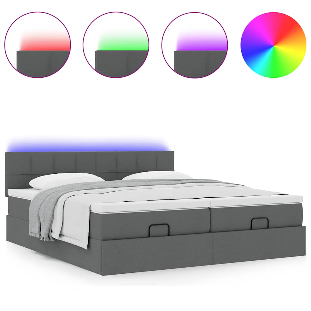 Ottoman-Bett mit Matratzen & LEDs Dunkelgrau 200x200 cm Stoff