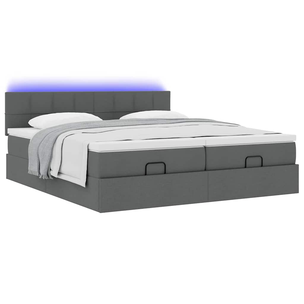 Lit ottoman avec matelas et LED tissu gris foncé 200x200 cm