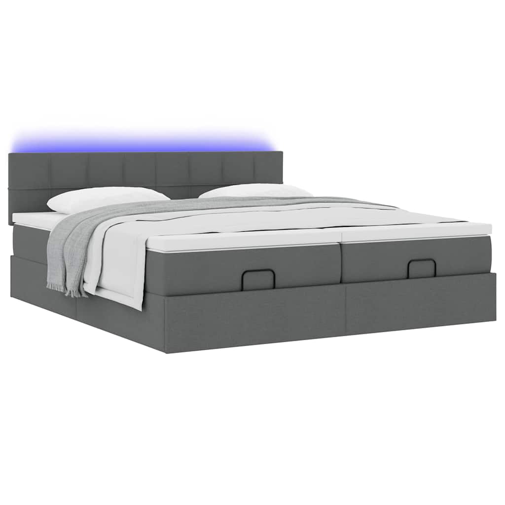 Ottoman-Bett mit Matratzen & LEDs Dunkelgrau 200x200 cm Stoff