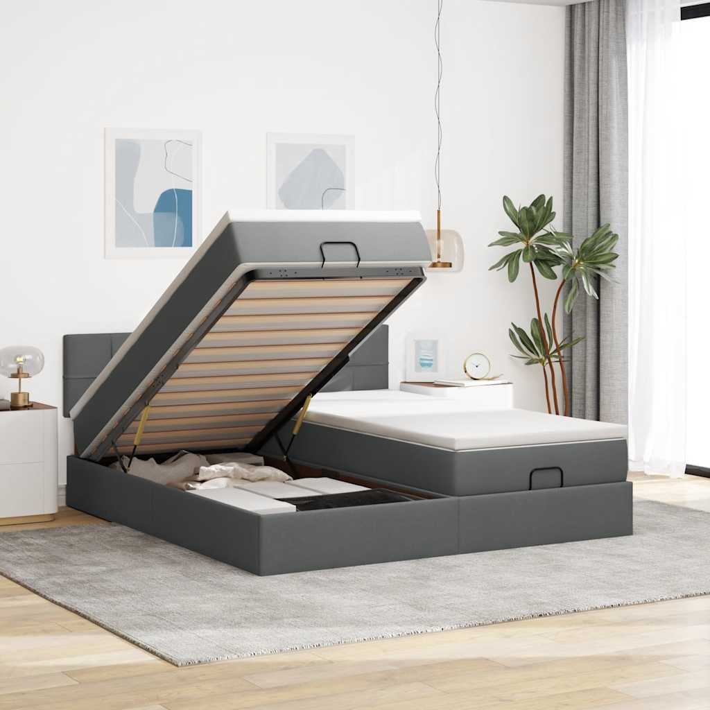 Lit ottoman avec matelas et LED tissu gris foncé 200x200 cm