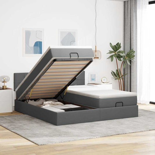 Lit ottoman avec matelas et LED tissu gris foncé 200x200 cm