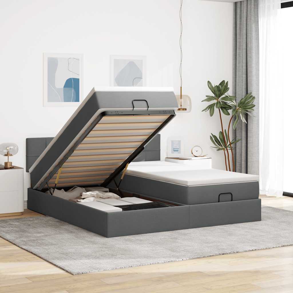 Ottoman-Bett mit Matratzen & LEDs Dunkelgrau 200x200 cm Stoff