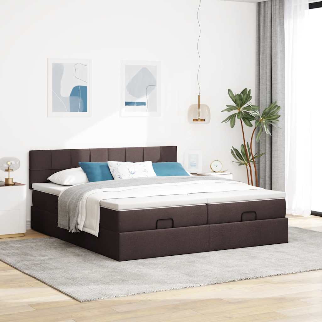 Ottoman-Bett mit Matratzen & LEDs Dunkelbraun 200x200 cm Stoff
