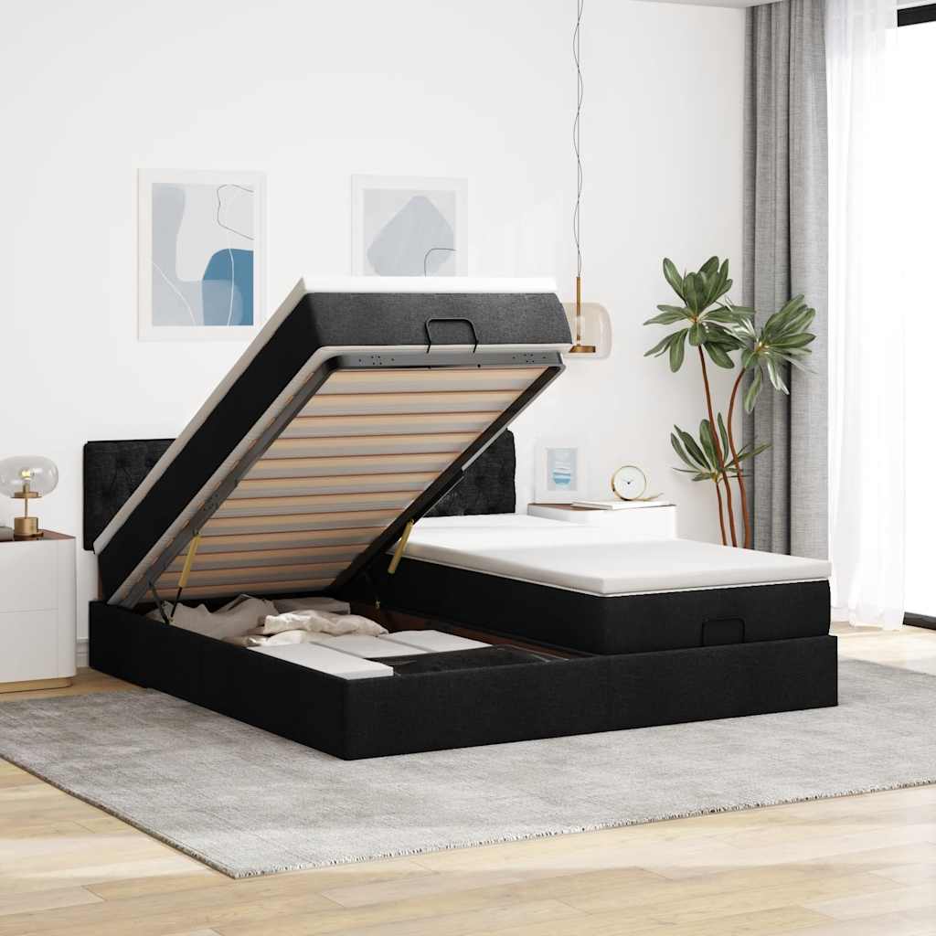 Ottoman-Bett mit Matratzen & LEDs Schwarz 160x200 cm Stoff