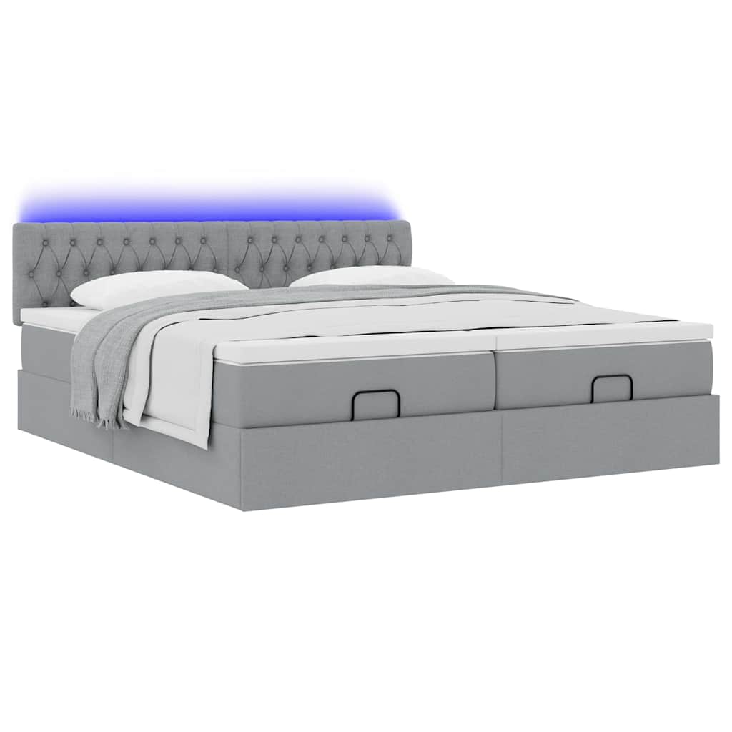 Ottoman-Bett mit Matratzen & LEDs Hellgrau 200x200 cm Stoff