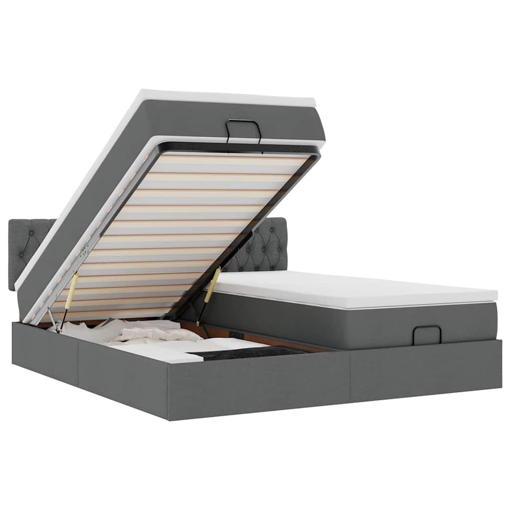 Lit ottoman avec matelas et LED tissu gris foncé 200x200 cm
