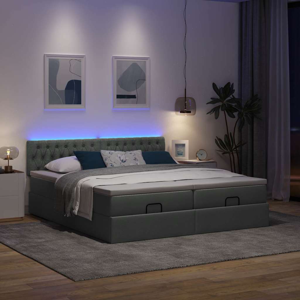Lit ottoman avec matelas et LED tissu gris foncé 200x200 cm
