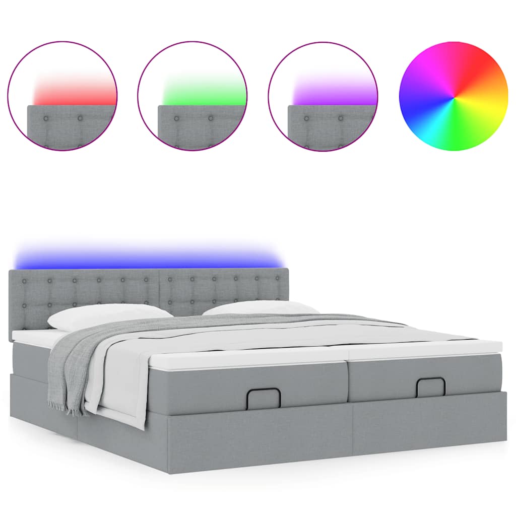 Ottoman-Bett mit Matratzen & LEDs Hellgrau 180x200 cm Stoff
