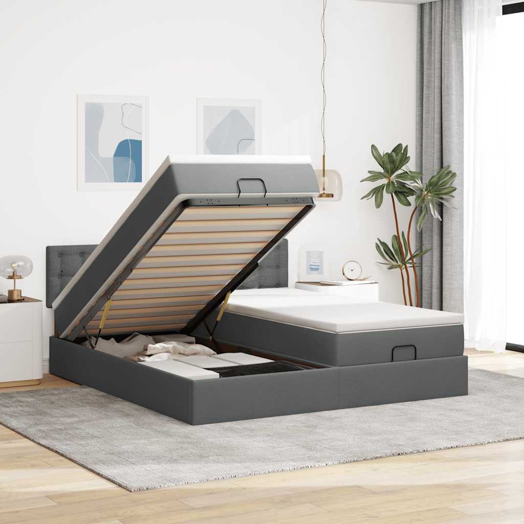 Ottoman-Bett mit Matratzen & LEDs Dunkelgrau 180x200 cm Stoff