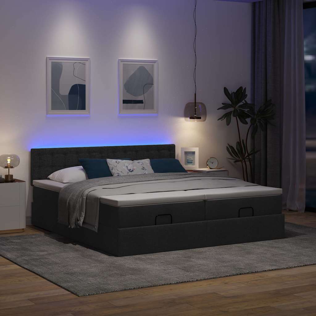 Lit ottoman avec matelas et LED Tissu noir 180x200 cm