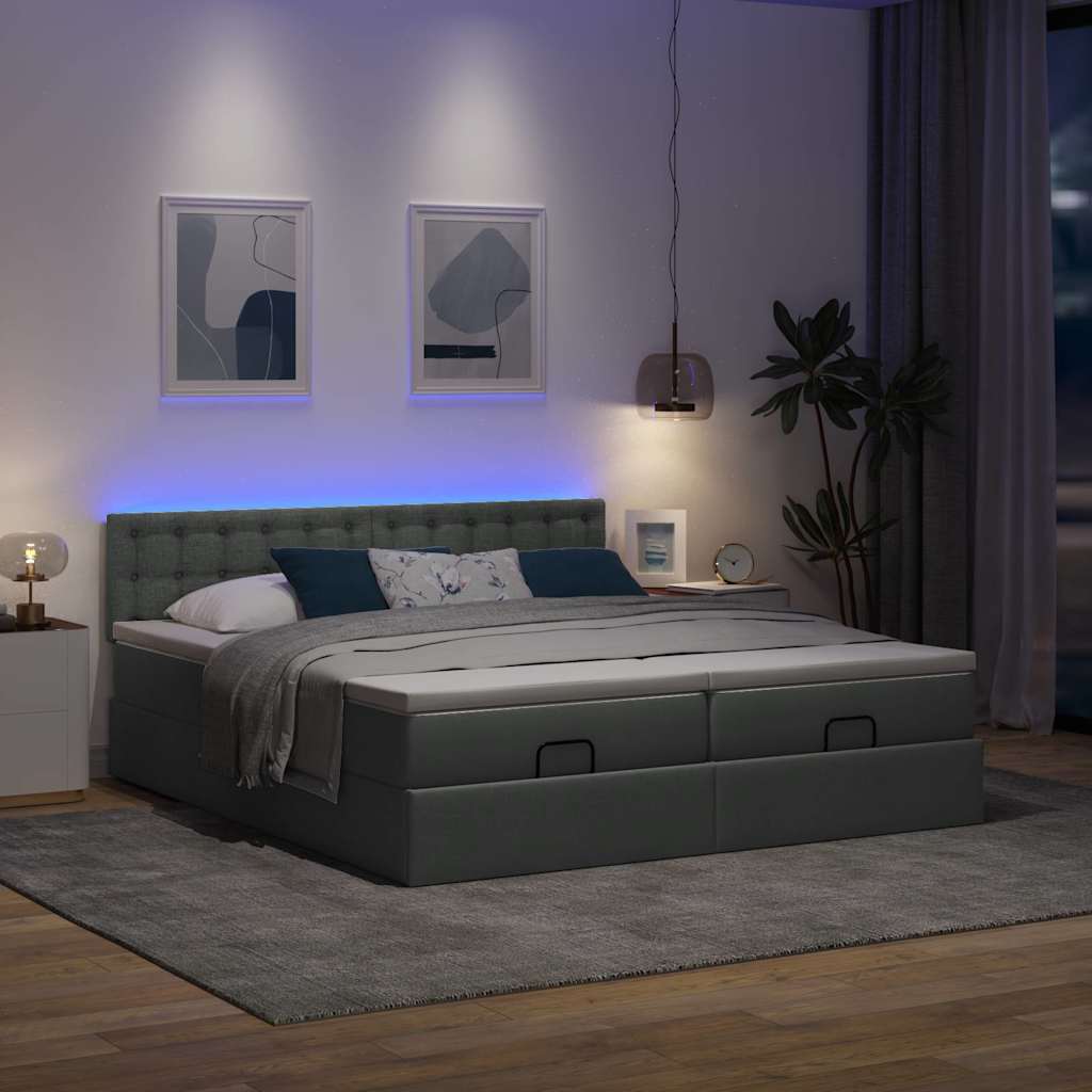 Lit ottoman avec matelas et LED tissu gris foncé 200x200 cm