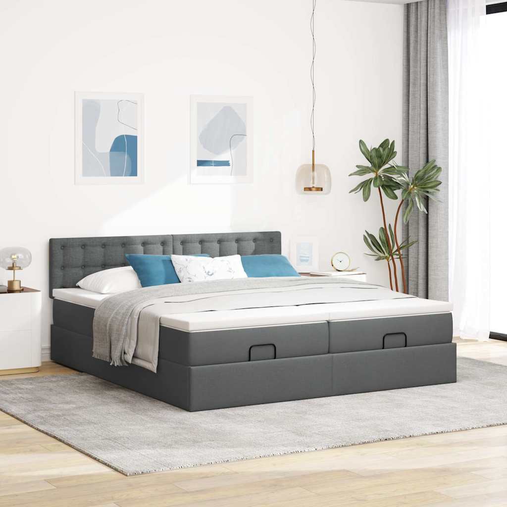 Ottoman-Bett mit Matratzen & LEDs Dunkelgrau 200x200 cm Stoff