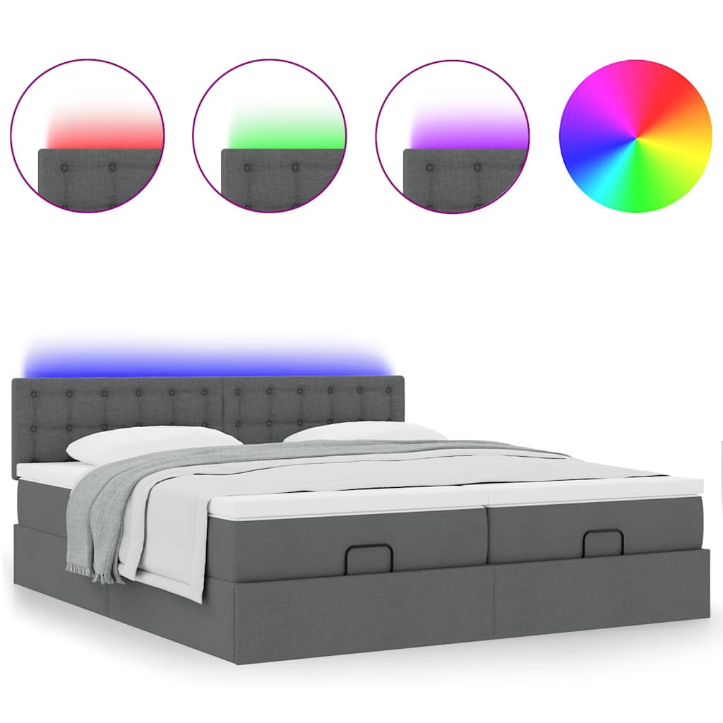Ottoman-Bett mit Matratzen & LEDs Dunkelgrau 200x200 cm Stoff