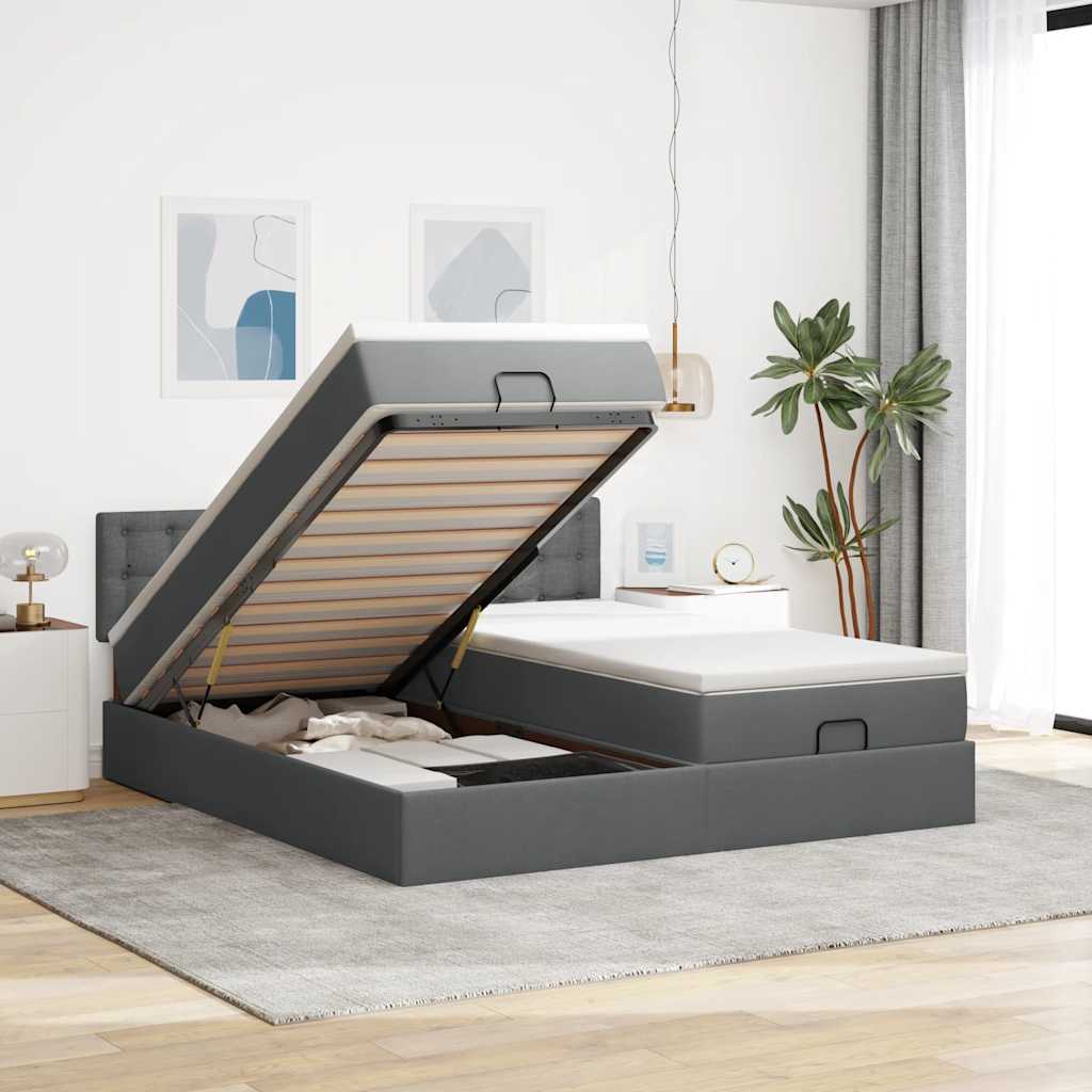Lit ottoman avec matelas et LED tissu gris foncé 200x200 cm